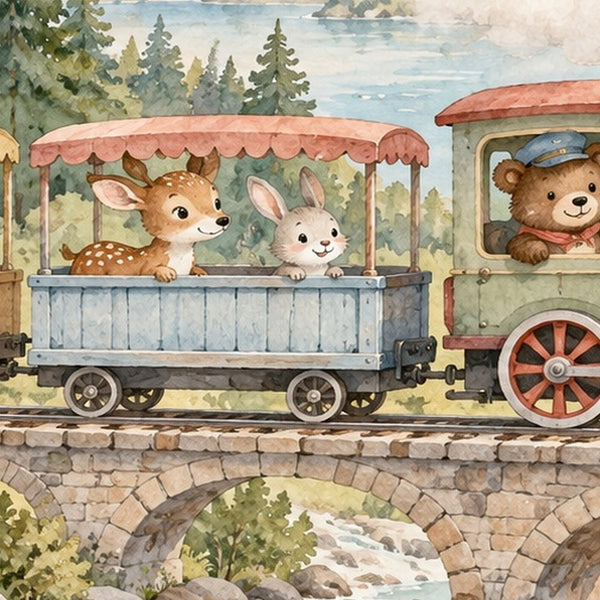 Animal Train shower curtain, close up of the watercolor artwork