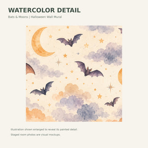 Watercolor Bats and Moons Halloween Wall Mural, image 4