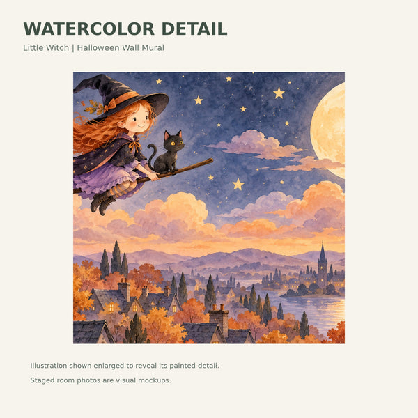 Watercolor Little Witch Halloween Wall Mural, image 4