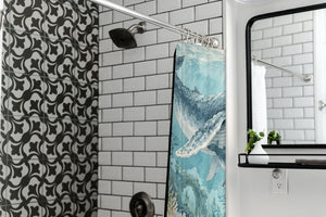 Ocean Kingdom shower curtain in a modern farmhouse bathroom with subway tile