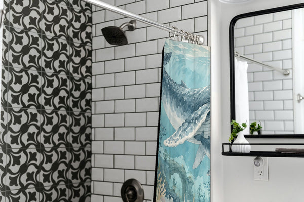 Ocean Kingdom shower curtain in a modern farmhouse bathroom with subway tile