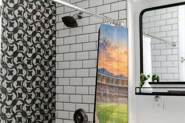 Stadium Sunset Soccer shower curtain in a modern farmhouse bathroom with subway tile