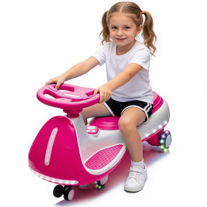 12V Electric Wiggle Ride On Car with dual motors and LED lights, angled view showcasing its vibrant design and features.