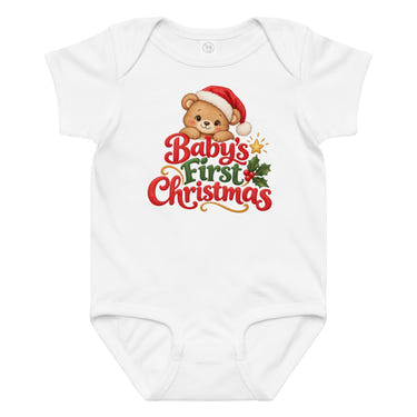 Baby's First Christmas baby bodysuit in white, front view