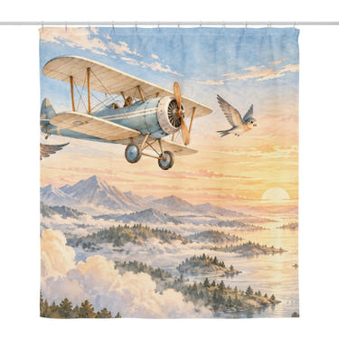 Birds and Biplane shower curtain, full front view of the 71 x 74 in fabric curtain