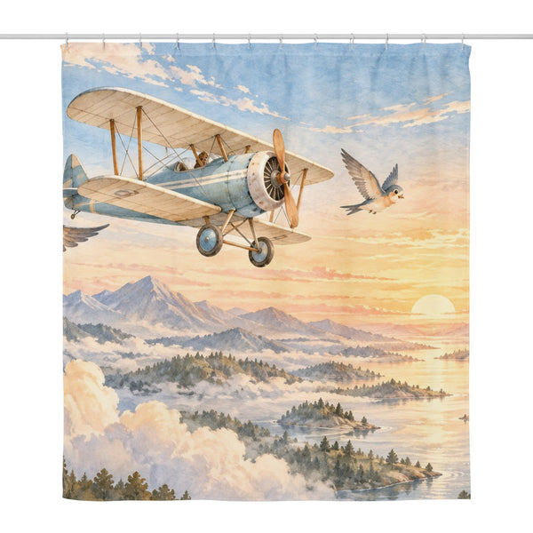 Birds and Biplane shower curtain, full front view of the 71 x 74 in fabric curtain