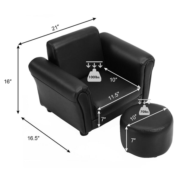 Black kids single armrest couch sofa with ottoman, perfect for playrooms and cozy spaces. Angle view 5.