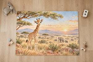 Top view of the Baby Giraffe Safari kids area rug on a wood floor