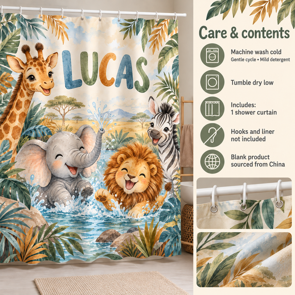 Care and contents of the Safari Splash personalized kids shower curtain