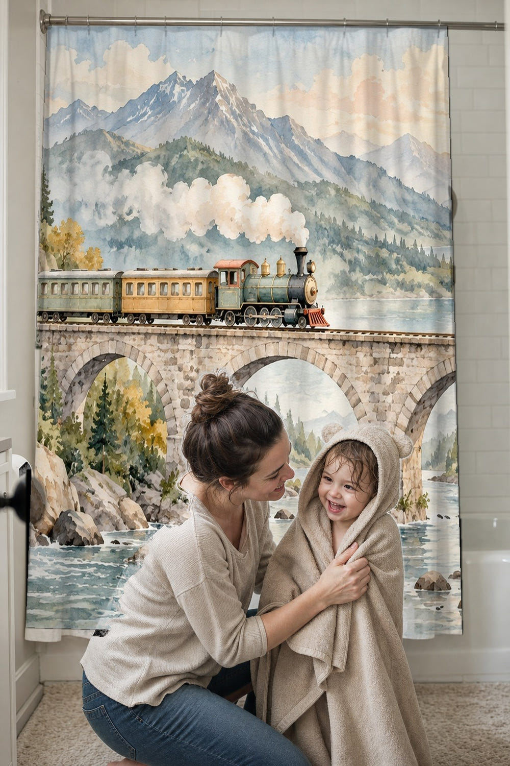 Mountain Bridge Train shower curtain, full front view of the 71 x 74 in fabric curtain