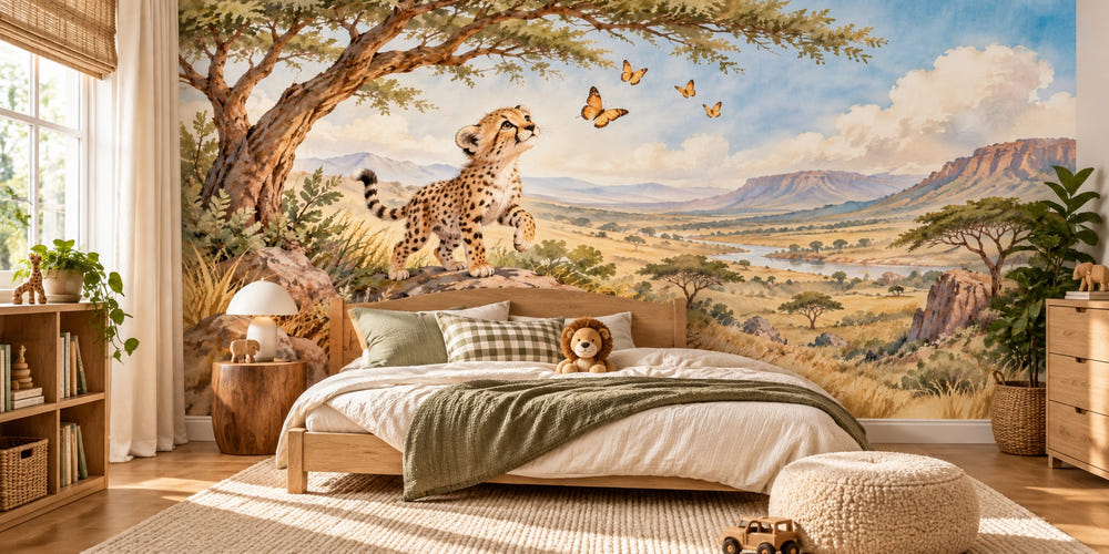 Watercolor Cheetah Cub Safari Wall Mural, image 1