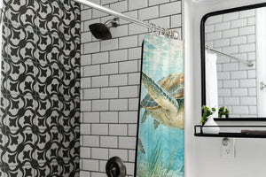 Sea Turtles Ocean shower curtain in a modern farmhouse bathroom with subway tile