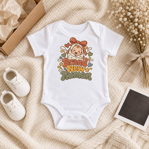 Brand New Human baby bodysuit in white