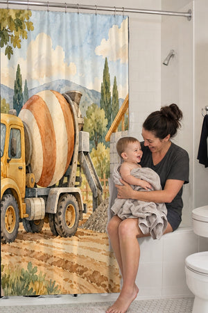 Mom holding her baby on the tub edge next to the Cement Mixer shower curtain