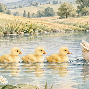 Ducklings Pond Farm shower curtain, close up of the watercolor artwork