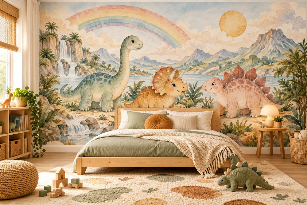 Watercolor Rainbow Dinosaurs Wall Mural, image 1
