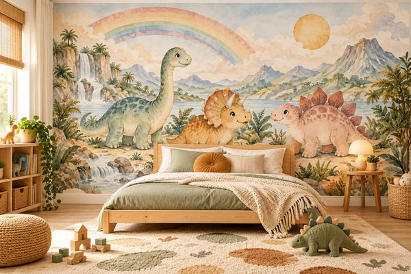 Watercolor Rainbow Dinosaurs Wall Mural, image 2