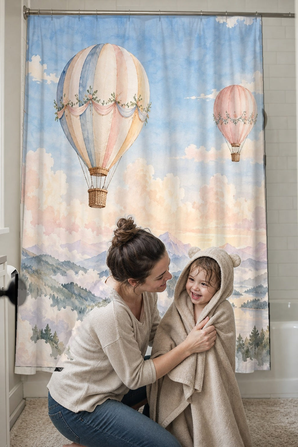 Mountain Hot Air Balloons shower curtain, full front view of the 71 x 74 in fabric curtain
