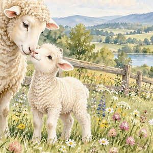 Lamb Meadow Farm kids rug, close up of the watercolor artwork
