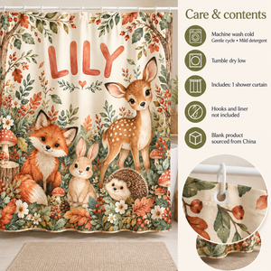 Care and contents of the Woodland Friends personalized kids shower curtain