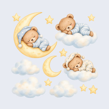 Sleeping Teddy Bear Moon and Clouds Wall Decals, Set of 14, image 1