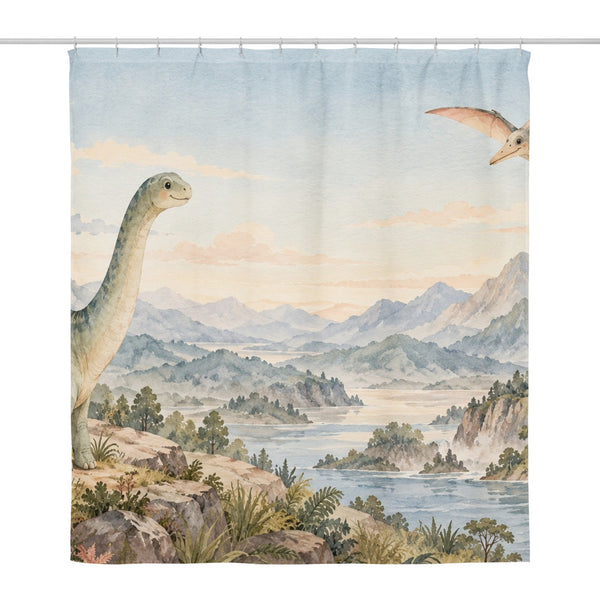 Mountain Dinosaur shower curtain, full front view of the 71 x 74 in fabric curtain