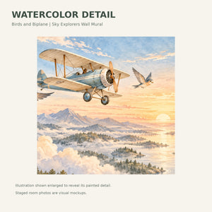 Watercolor Birds and Biplane Wall Mural, image 4