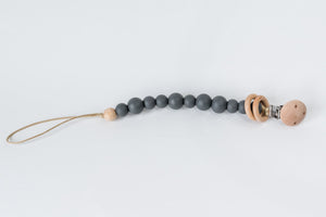 Charcoal Silicone Bead & Wood Ring Pacifier Clip