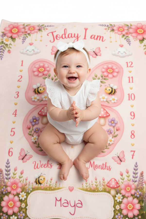 Personalized Baby Weekly & Monthly Milestone Blanket – Photoshoot Prop with Butterfly Garden Design