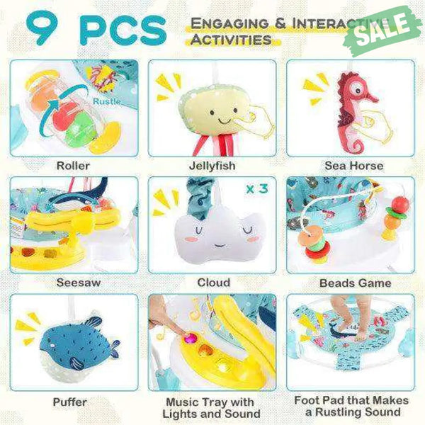 Baby Activity Center Height Adjustable Baby Bouncing Saucer with Interactive Toys-Light Blue