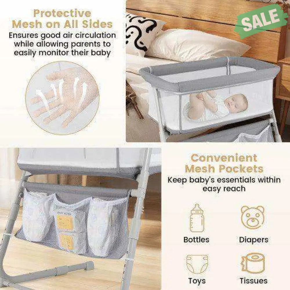 Baby Bassinet Bedside Crib with Adjustable Height Comfy Mattress-Gray Baby Strollers