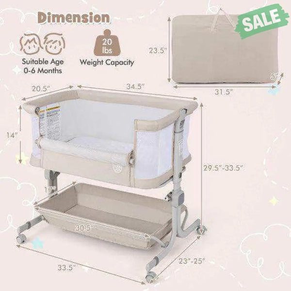 Baby Bassinet Bedside Sleeper with 6-Level Adjustable Height-Beige Beige Bassinets & Bedside Sleepers