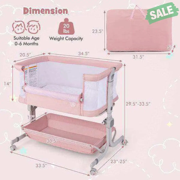 Baby Bassinet Bedside Sleeper with 6-Level Adjustable Height-Beige Pink Bassinets & Bedside Sleepers
