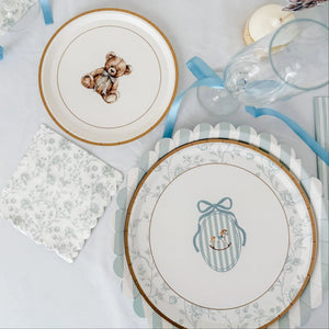 Baby Blue Floral Toile Scalloped Cocktail Napkins, 12pcs