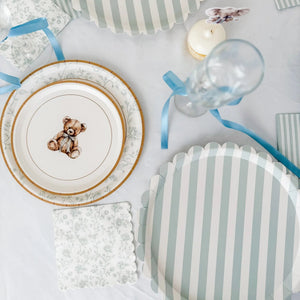 Baby Blue Floral Toile Scalloped Cocktail Napkins, 12pcs