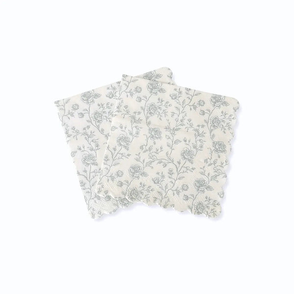 Baby Blue Floral Toile Scalloped Cocktail Napkins, 12pcs