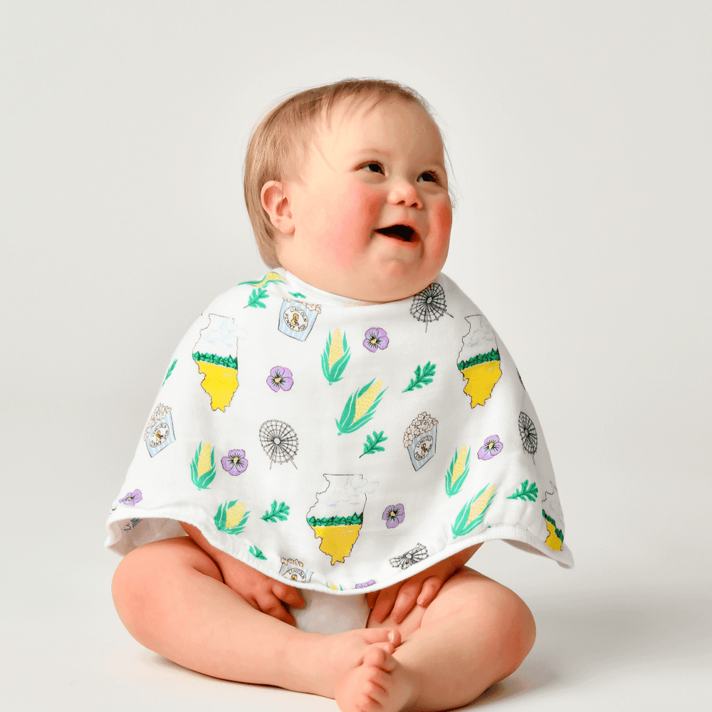 Illinois Baby Muslin Swaddle Blanket and Burp Cloth/Bib Combo Gift Set for infants, soft and stylish baby essentials.