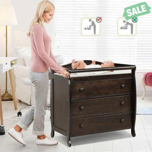 Baby Changing Table Infant Diaper with 3 Drawers and Safety Belt-Brown