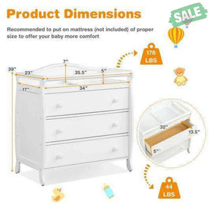Baby Changing Table Infant Diaper with 3 Drawers and Safety Belt-White