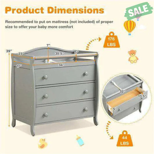 Baby Changing Table Infant Diaper with 3 Drawers and Safety Belt-Gray