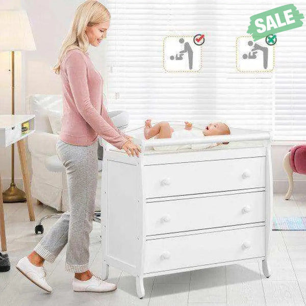 Baby Changing Table Infant Diaper with 3 Drawers and Safety Belt-White