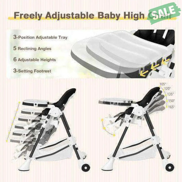 Baby Convertible Folding Adjustable High Chair with Wheel Tray Storage Basket-Beige Beige High Chairs