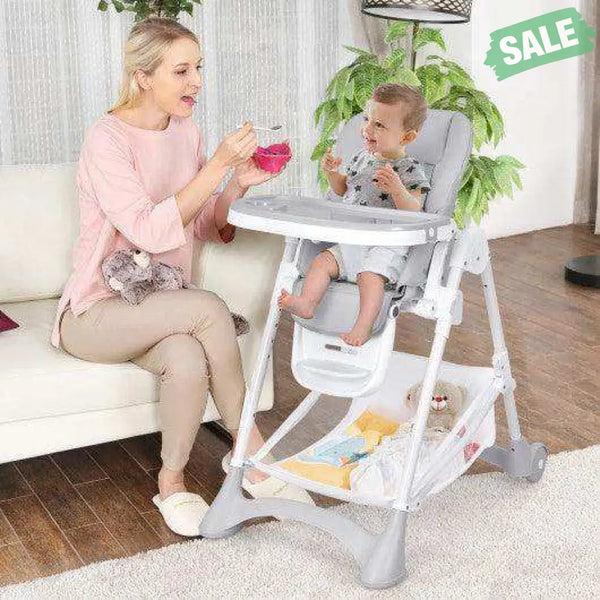 Baby Convertible Folding Adjustable High Chair with Wheel Tray Storage Basket-Beige Beige High Chairs