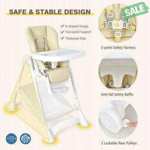 Baby Convertible Folding Adjustable High Chair with Wheel Tray Storage Basket-Beige Beige High Chairs