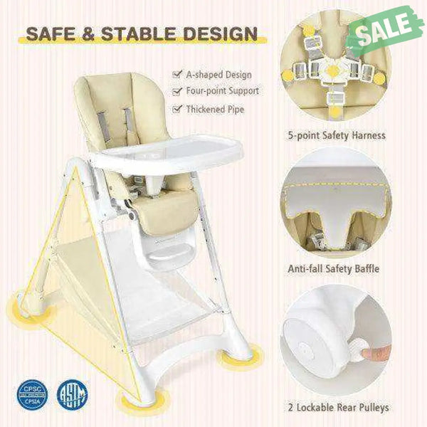 Baby Convertible Folding Adjustable High Chair with Wheel Tray Storage Basket-Beige Beige High Chairs