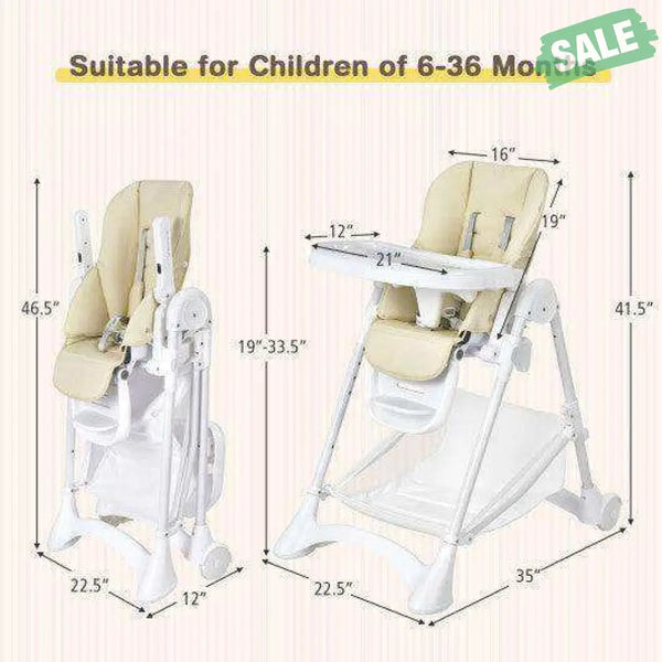 Baby Convertible Folding Adjustable High Chair with Wheel Tray Storage Basket-Beige Beige High Chairs