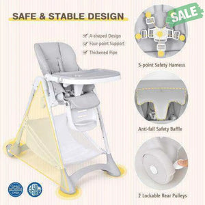 Baby Convertible Folding Adjustable High Chair with Wheel Tray Storage Basket-Beige Beige High Chairs