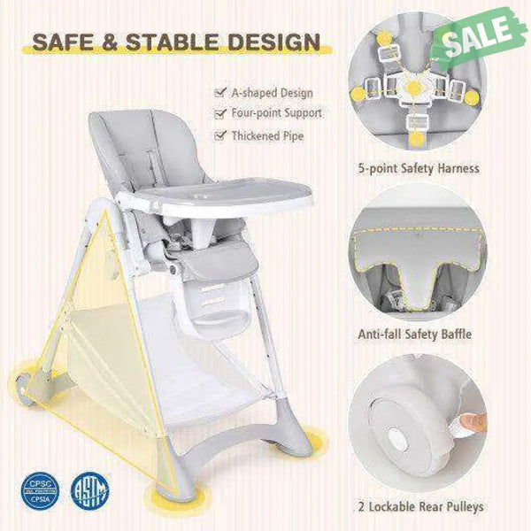 Baby Convertible Folding Adjustable High Chair with Wheel Tray Storage Basket-Beige Beige High Chairs