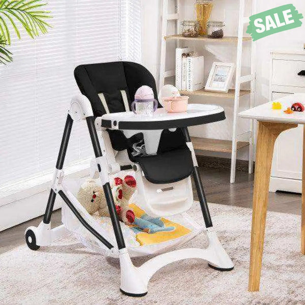 Baby Convertible Folding Adjustable High Chair with Wheel Tray Storage Basket-Beige Beige High Chairs