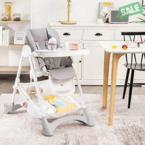 Baby Convertible Folding Adjustable High Chair with Wheel Tray Storage Basket-Beige Beige High Chairs